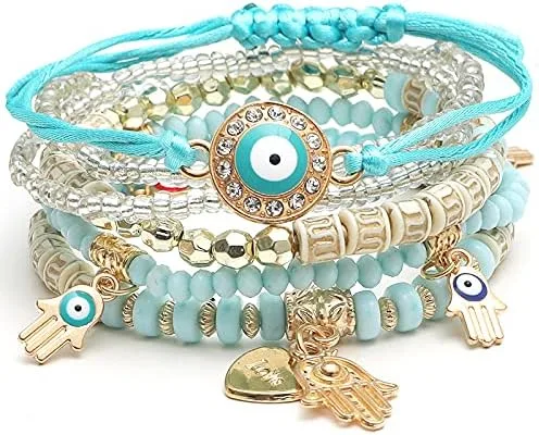 Vista 2 de Caiyao - Juego de 4 pulseras elásticas bohemias de cuentas, multicapa, de mal de ojo, Hamsa, pulsera de mano con dijes bohemios, elásticas