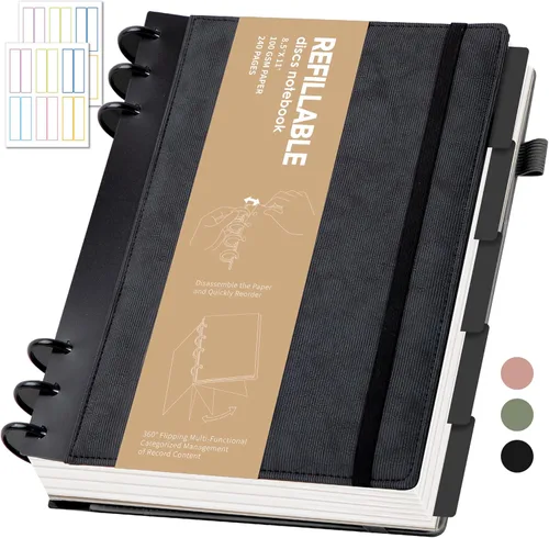 Vista 17 de Yoment - Cuaderno de diario de cuero para trabajo, recargable, 224 páginas, 100 GSM, papel grueso, cuaderno de 5 materias con separadores y pestañas