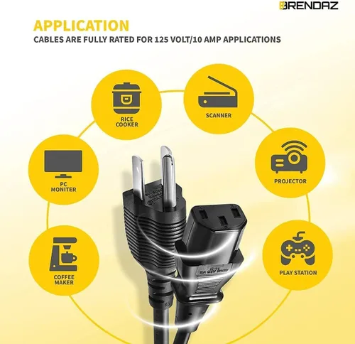 Vista 5 de Cable de alimentación universal de CA – Paquete de 2 – Cable de alimentación de PC de 1 pie de 3 clavijas de repuesto para computadora, monitor