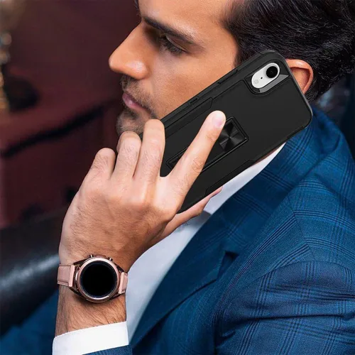 Vista 5 de Funda para iPhone XR, Apple XR con protector de pantalla de vidrio templado, soporte magnético resistente de doble capa a prueba de golpes para Negro