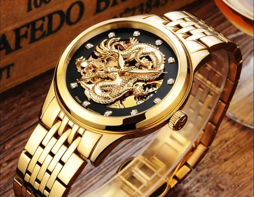 Vista 2 de Gosasa Reloj de oro mecánico de lujo con esfera tallada para hombre 'Dragon Collection