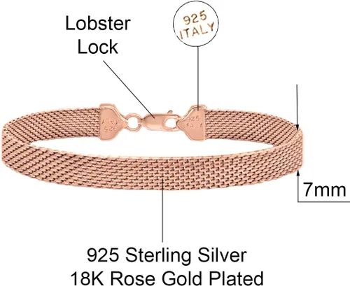 Vista 2 de Savlano Pulsera de plata de ley 925 de 0.276 in de malla plana Coreana, chapada en oro de 18 quilates, pulsera de malla de 7.5 pulgadas para mujer