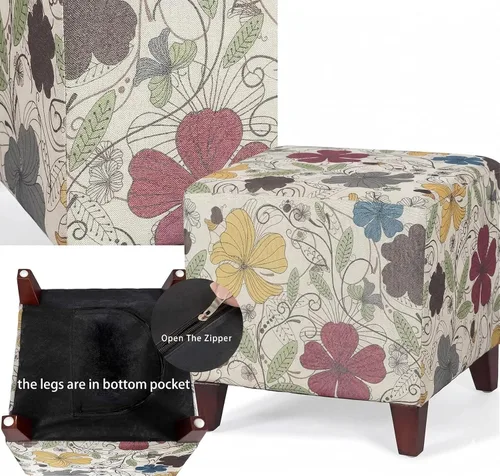 Vista 6 de Joveco Reposapiés otomano cuadrado de 16.3 pulgadas, moderno taburete de tela de lino floral con patas de madera maciza, banco de zapatos tapizado