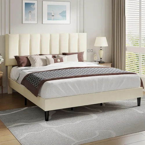 Vista 3 de VECELO Base de cama tamaño King con cabecera tapizada, color beige