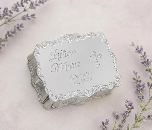 Vista 6 de Cherished Moments Joyero rectangular de dedicación de bebé personalizado Dedicación de plata