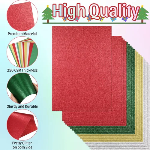 Vista 3 de Yeaqee 100 hojas de papel de cartulina con purpurina de Navidad, papel de regalo metálico de 8.5 x 11 pulgadas, cartulina pesada de 8.82 oz/m²
