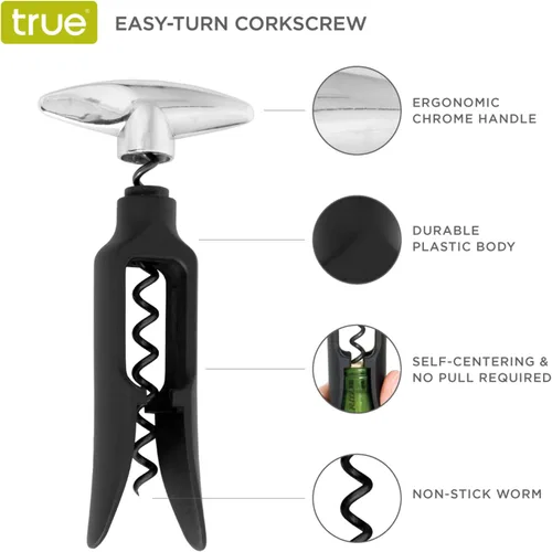 Vista 2 de True Sacacorchos autoestirable, plástico duradero con mango cromado fácil de girar, abridor de botellas de vino para camareros, herramientas de bar