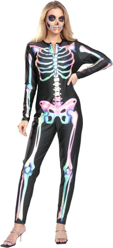 Vista 8 de Seasons Disfraz de esqueleto de Halloween para mujer, patrón colorido de doble cara, luz negra reactiva