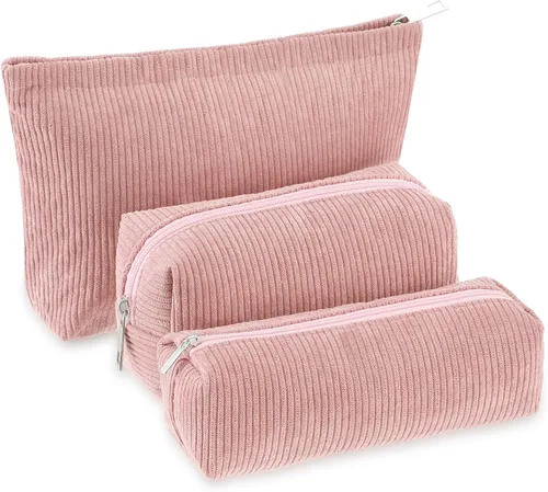 Vista 15 de Huhumy Juego de 3 bolsas de maquillaje para mujeres, bolsa cosmética de pana con sonrisa estética, bolsa de viaje para artículos de tocador, linda