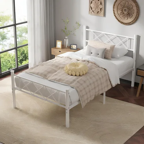 Vista 4 de VECELO Base de cama de tamaño individual con cabecero, base de cama resistente con listones de metal fuertes, no necesita somier y fácil montaje