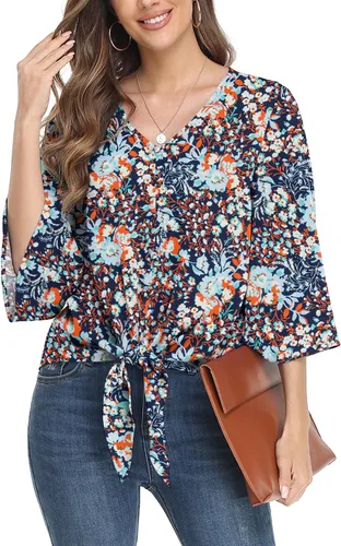 Vista 7 de VIISHOW Blusas de verano para mujer, con botones, cuello en V, de gasa, mangas acampanadas de 3/4, con nudo, casuales 01 Blanco