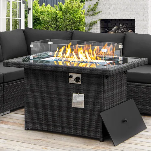 Vista 10 de NICESOUL Mesa de Hoguera de Mimbre para Exteriores de Gas Natural/Propano, Mesa de Hoguera Rectangular de 43'' para Exteriores, Mesas de Chimenea