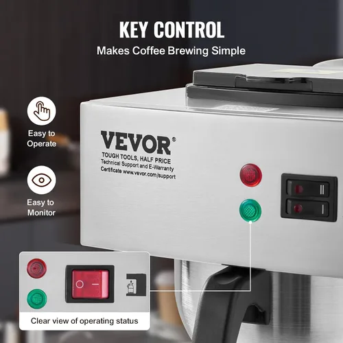 Vista 4 de VEVOR Cafetera de goteo comercial de 12 tazas, cafetera con jarra térmica para mantener el calor o el frío, cafetera de acero inoxidable