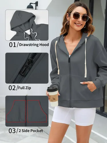 Vista 7 de ATTRACO Sudadera de gran tamaño con cremallera y bolsillos para mujer, chaqueta casual con cordón
