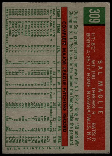 Vista 2 de 1959 Topps #309 Sal Maglie St. Louis Cardinals (tarjeta de béisbol) GOOD Cardinals