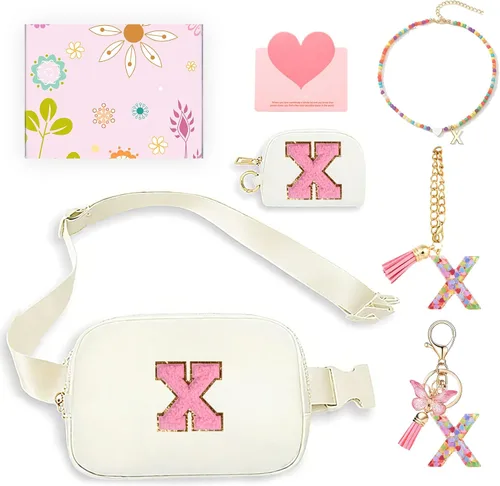 Vista 28 de Regalos de moda para niñas adolescentes, cangurera con monograma para niña con llavero, collar, dijes de taza, tarjeta de felicitación y caja