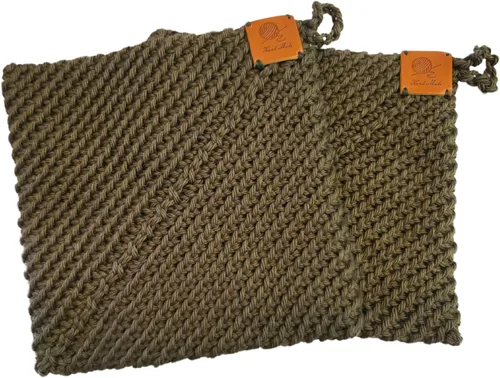 Vista 4 de Soportes para ollas de ganchillo hechos a mano, colección de color sólido, algodón de 6 x 6 pulgadas, resistentes al calor, doble capa, lazo
