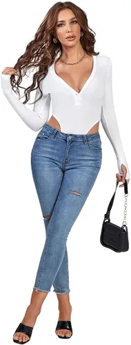 Vista 6 de LYANER Body de punto acanalado con cuello en V profundo y medio botón frontal de manga larga para mujer