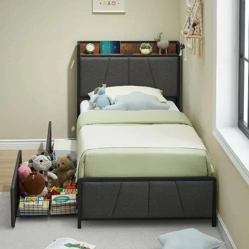 Vista 4 de GAOMON Base de cama tamaño individual con 2 cajones de almacenamiento y estación de carga, base de cama tapizada de lino rústico con cabecera
