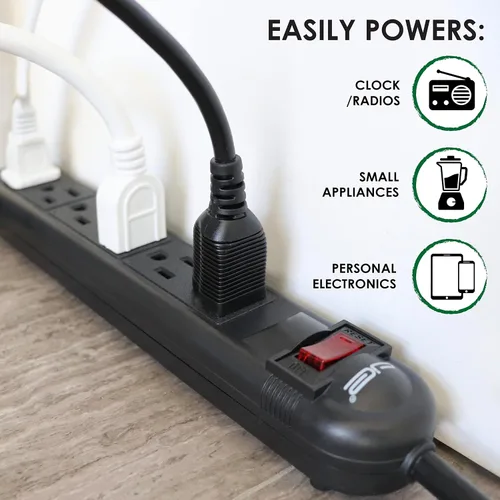 Vista 5 de Regleta de protección contra sobretensiones de 6 salidas con cable de extensión de 25 pies de largo, negro, certificación ETL/estándar UL