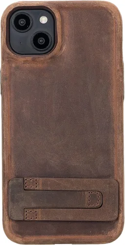 Vista 2 de Bayelon Funda de casco para iPhone 14 Plus - Funda delgada 360 de grano completo - Funda de cuero con función de atril (marrón oscuro)