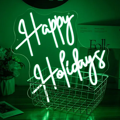 Vista 4 de Letrero de neón con texto en inglés "Happy Holidays", regulable, luz de neón LED verde, alimentada por USB, para dormitorio universitario