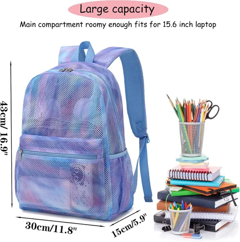 Vista 4 de Mochila de malla para niñas, mochila escolar semitransparente para adolescentes, bolsas de malla con bolsa de maquillajebolsa para lápices, Un