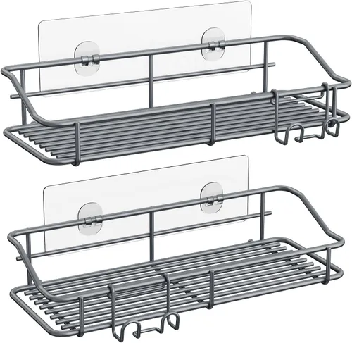 Vista 14 de Nieifi - Estante adhesivo para ducha con estantes de almacenamiento sin perforación de acero inoxidable con ganchos para baño, lavabo, aseo