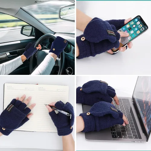 Vista 6 de THINP Guantes sin dedos para mujeres y hombres, guantes de invierno, guantes de lana cálida de punto sin dedos con tapa, guantes convertibles