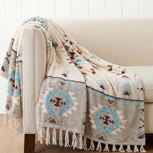 Vista 14 de CASAAGUSTO Manta Boho - Mantas Decorativas Beige y Gris con Borla, Manta Bohemia de Franela Estampada para Silla, Cama, Sofá, Sillón