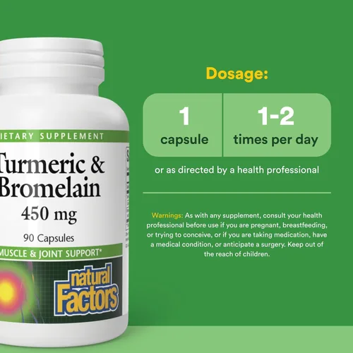 Vista 3 de Natural Factors, Cúrcuma y bromelina 450 mg, apoyo muscular y articular, 90 cápsulas