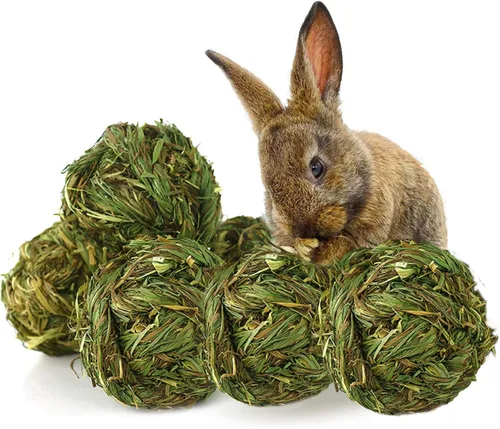 Vista 7 de PINVNBY 2 bolas de heno Timothy de conejo, juguetes naturales para masticar, bola de hierba, dientes de animales pequeños, bola de juego tejida