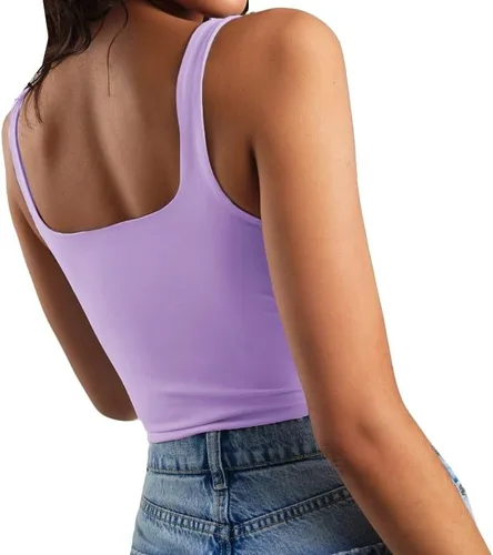 Vista 2 de Artfish - Camiseta corta casual y básica con tirantes delgados y cuello cuadrado, para mujer, sin mangas, de doble capa, ombliguera