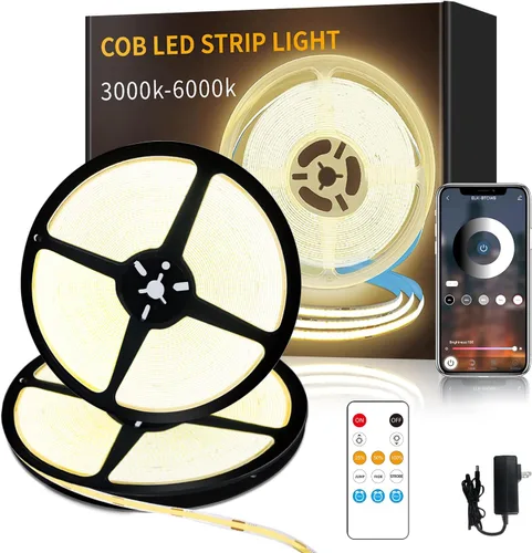 Vista 8 de Tira de luz LED COB de 32.8 pies, color blanco, regulable, CC de 24 V, 6000 K, cinta de luz LED flexible para dormitorio, con control remoto