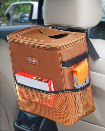 Vista 14 de HOTOR - Organizador de auto con tapa y bolsillos de almacenamiento, 100 % a prueba de fugas, resistente al agua, cubo de basura para autos Negro