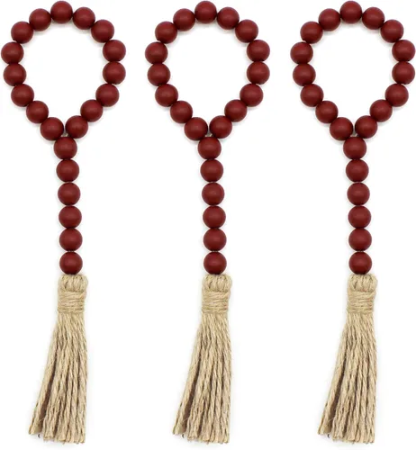 Vista 8 de CVHOMEDECO. Guirnalda de cuentas de madera con borlas, 3 piezas de cuentas rústicas de madera rústica para oración para colgar en la pared para Negro