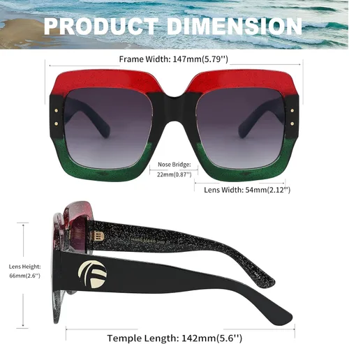 Vista 6 de Feisedy B2276 Gafas de sol cuadradas de gran tamaño con marco de brillantina multicolor