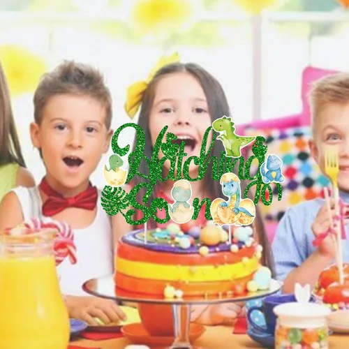 Vista 8 de Decoración para pastel de dinosaurio para eclosionar, decoración de dinosaurio para baby shower, temática de dinosaurio con purpurina verde