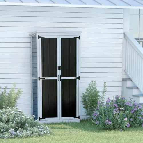 Vista 4 de GDLF Armario de almacenamiento para exteriores de madera y metal, cobertizo de jardín con techo impermeable y puertas resistentes con cerradura