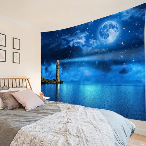 Vista 4 de HVEST Tapiz de luna y cielo nocturno para colgar en la pared, luna llena y galaxia estrellada con faro sobre el océano, tapiz colgante de pared