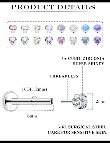 Vista 2 de Piercing de labio de acero inoxidable para mujer, calibre 16, 18, 0.71 oz, sin rosca, joyería de labret Monroe, joyería de piercing Medusa, joyería