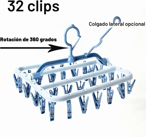 Vista 3 de Foshine Tendederos de ropa plegables con pinzas, colgador de goteo de plástico con 32 pinzas de secado, gancho a prueba de viento, colgador para Azul