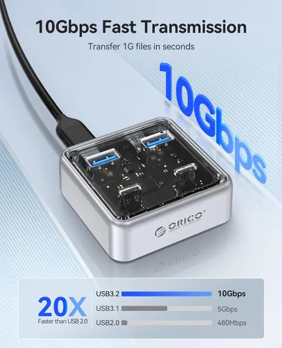 Vista 2 de ORICO Concentrador USB-C de 10 Gbps, divisor USB 3.2 de aleación de zinc de 4 puertos con 2 puertos USB-A y 2 puertos USB-C, extensor de datos
