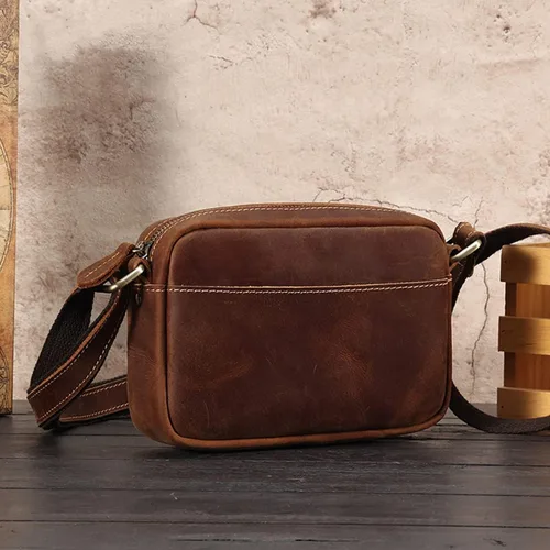 Vista 2 de Bolso cruzado retro para teléfono para hombre, pequeño bolso de hombro de cuero de caballo loco, bolso de mano de alta capacidad para hombre, bolso