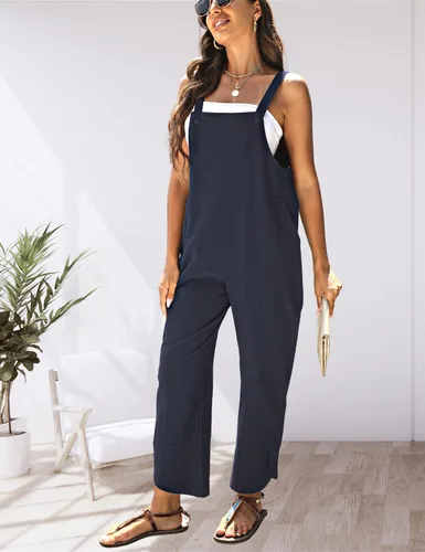 Vista 5 de Gozoloma Overol de lino y algodón holgado con dobladillo de pétalos para mujer, estilo casual y holgado