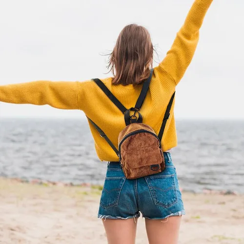 Vista 4 de Mochilas de moda para mujer, mochila de pana para mujer, mochila portátil, mochila pequeña, Marrón, Moda