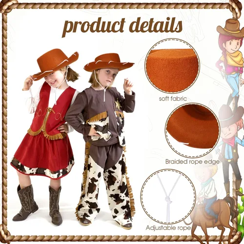 Vista 6 de Coume 20 sombreros de vaquero para niños, sombreros de fieltro para disfraz de cumpleaños de Halloween del oeste (marrón)