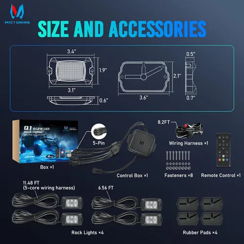 Vista 8 de MICTUNING Q1 RGBW Luces LED Rock, 4 Módulos de Color Puro Underglow Neón Iluminación Multicolor con Kit de Interruptor de Cableado, Controlador