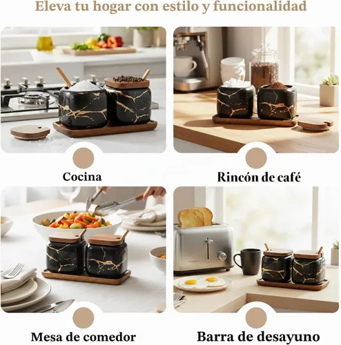 Vista 6 de EIMQUVW Juego de 2 tarros de cerámica de mármol para condimentos, cuencos de sal de azúcar y condimentos con tapas de madera, cuchara de madera