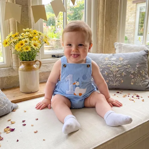 Vista 3 de Traje de cumpleaños para bebé niño, mameluco de ganso tonto Azul claro